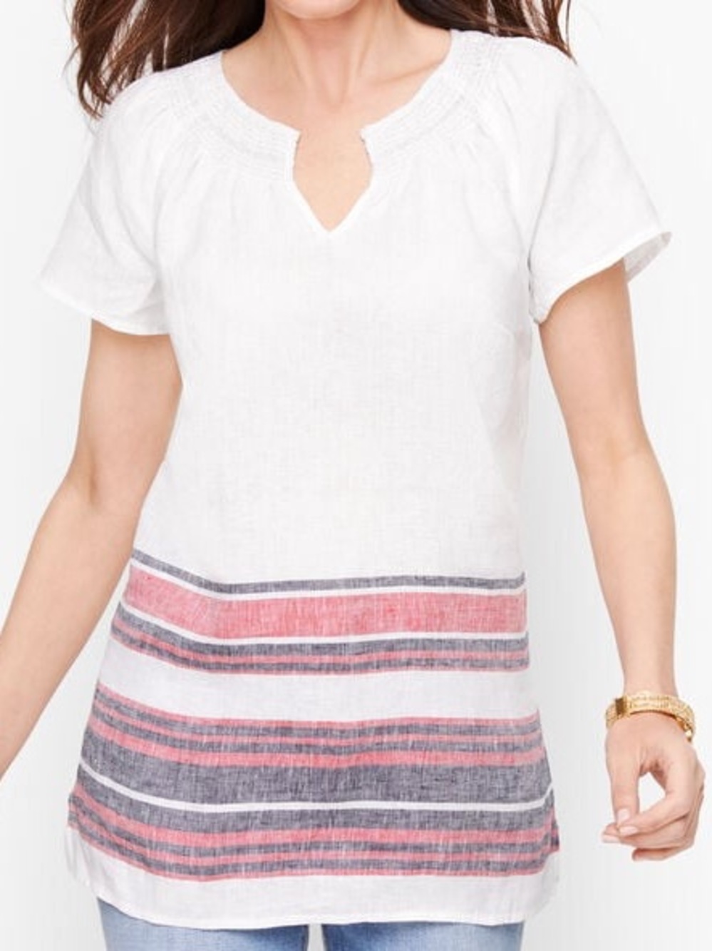 Talbots Linen Border Stripe Top Red White & Blue Smocked Neck Short Sleeve 2X - Picture 3 of 13